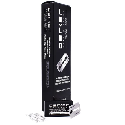Vista 2 de Parker - 100 cuchillas de afeitar de seguridad de doble filo, acero inoxidable revestido de platino y tungsteno de alta calidad para afeitados