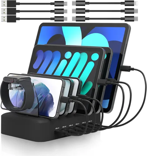Vista 2 de MSTJRY Estación de carga rápida USB C de 90 W y 6 puertos para múltiples dispositivos, estación de carga PD múltiple para iPhone, iPad, tableta