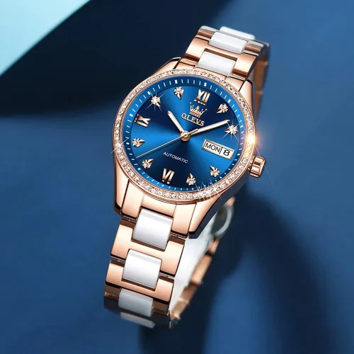 Vista 7 de OLEVS Relojes automáticos para mujer, mecánico, esfera de corazón, esfera de corazón, oro rosa, banda de cerámica, impermeable, luminoso, fecha