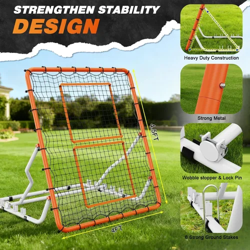 Vista 2 de Baseball Rebounder Net 4x4.5FT with 5 Adjustable Angles,Pro Pitch Back Trainer for Volleyball/Softball/Soccer, Solo Practice for Ground, Line Drive