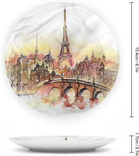 Vista 2 de XISUNYA Plato decorativo de 6 pulgadas, placa de cerámica de la Torre Eiffel, impresión de paisaje urbano de Francia, para colgar en la pared