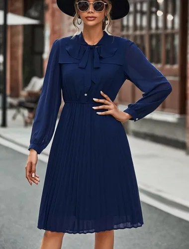 Vista 6 de HAOKEKE Vestido de gasa de manga larga para mujer, vestido de gasa retro con cuadrícula marrón, botones plisados, lazo hacia abajo, vestido de mujer