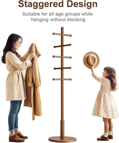 Vista 5 de Perchero de madera maciza independiente con 10 ganchos, perchero independiente con 3 alturas ajustables para abrigos, sombreros, bolsos, perchero