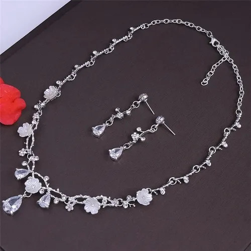 Vista 6 de Collar de flores tiaras nupciales conjuntos de joyería de moda corona pendientes gargantilla collar mujeres vestido de novia joyería conjunto