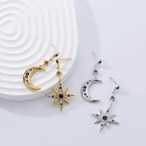 Vista 5 de Aretes colgantes de oro de 14 quilates con moissanita y estrella de luna, estilo asimétrico, joyería de moda para ella
