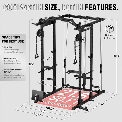 Vista 4 de Mikolo Jaula de Potencia, Rack de Potencia con Sistema de Cruce de Cables, 1500LBS Rack para Sentadillas con Sistema de Jalón LAT, Jaula de Negro
