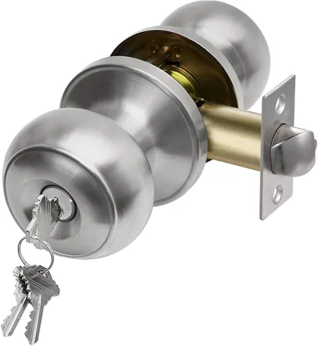 Vista 9 de CML Hardware Pomo de puerta de entrada con llave negra mate para uso exterior e interior, mango redondo de bola de acero inoxidable