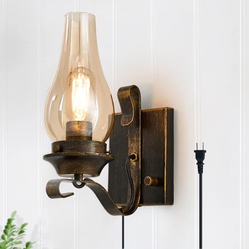 Vista 10 de Yisuro Aplique de Pared con Cable, Aplique de Pared de Bronce Cepillado con Cable para Interior, Lámparas de Pared Retro Rústicas con Vidrio Ámbar