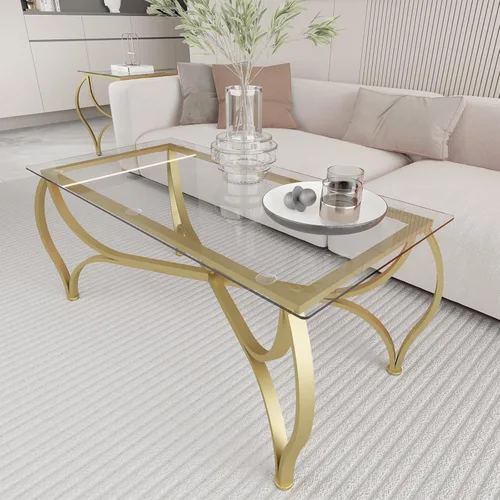 Vista 7 de Juego de mesa auxiliar de 3 piezas con vidrio templado, mesa auxiliar rectangular y 2 mesas auxiliares cuadradas, juego moderno de muebles de sala