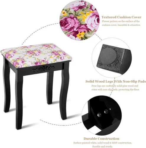 Vista 5 de Giantex Taburete de tocador de madera, silla acolchada, asiento de piano de maquillaje, banco de maquillaje con cojín rosa (negro)
