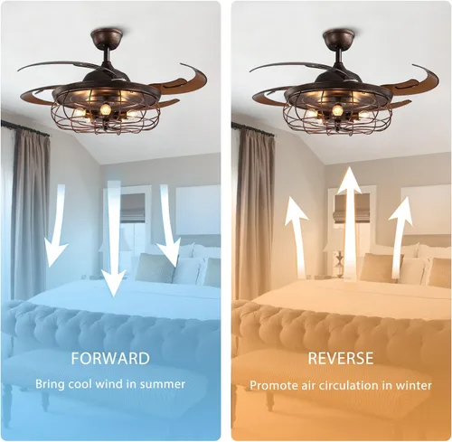 Vista 10 de Ventilador de techo retráctil de 48 pulgadas con luces, lámpara industrial oxidada inversa con control remoto para sala de estar, comedor