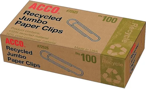 Vista 4 de ACCO Clips de papel reciclados, acabado liso, tamaño jumbo, 100 por caja, 10 cajas por paquete (72525)