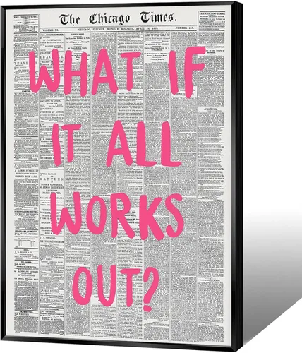 Vista 22 de Liyark Arte de Pared de Lienzo de Periódico Retro y Moderno - Cita de Afirmación Positiva 'What If All Works Out' - Fuente Rosa - Decoración