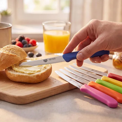 Vista 5 de GRÄWE cuchillo de mesa 6 piezas, juego de cuchillos para cortar, paquete de 6 cuchillos de pan, cuchillo de desayuno con borde dentado en un lado