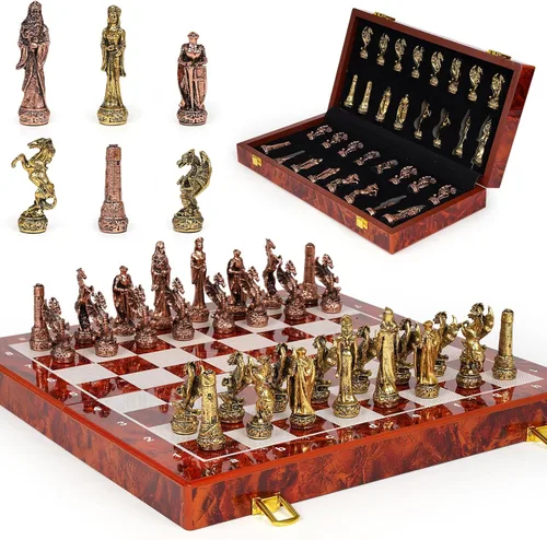 Vista 8 de Juego de ajedrez vintage de metal para adultos y niños, tablero de madera de 15 pulgadas con piezas de metal, juego de ajedrez de viaje, juego
