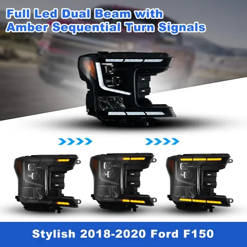Vista 2 de ROXX Conjunto de faros delanteros LED completos para Ford F150 2018 2019 2020, faros delanteros de haz alto y bajo con señales de giro secuenciales