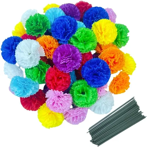 Vista 8 de Rikyo Juego de 50 cabezas de flores de clavel de seda artificial con tallos, rellenos de jarrón, cabezas de flores de caléndula para decoración