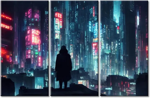 Vista 25 de Arte de pared de 3 piezas de escena de ciencia ficción de la calle comercial futurista paisaje urbano, decoración de pared para dormitorio