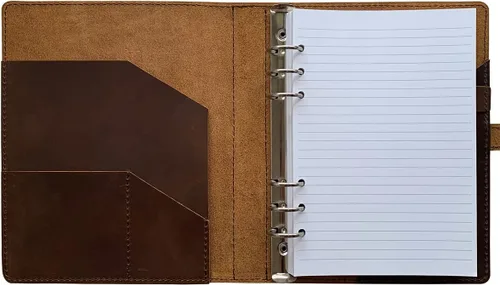 Vista 3 de Fan&Ran Diario de cuero recargable con papel rayado, carpeta A5 de 6 anillas, 100 hojas, marrón oscuro