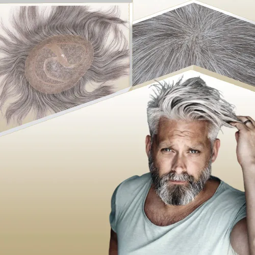 Vista 12 de Toupee para hombres sistemas de reemplazo de cabello humano real europeo para hombres, postizos finos, centro de encaje, piel más gruesa, pieza