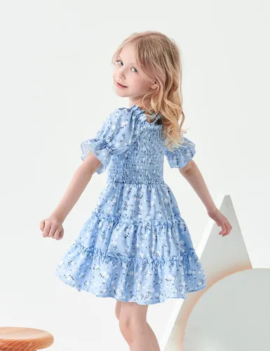 Vista 4 de Vestido de niña pequeña, cuello cuadrado, manga abombada, acampanado, vestidos florales de verano para niñas pequeñas, 2-6T