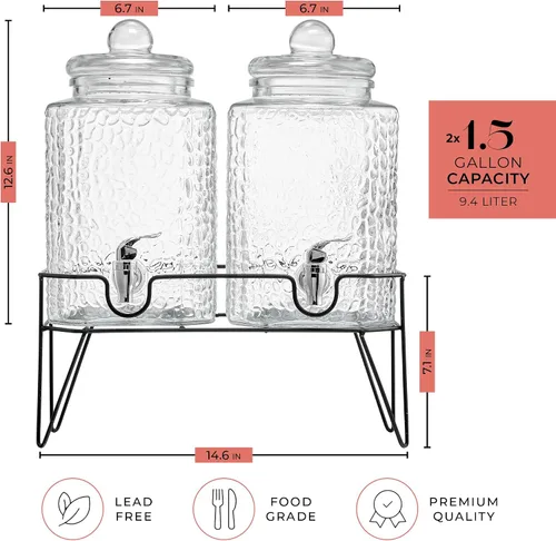 Vista 2 de Style Setter Dispensadores de bebidas de vidrio premium, 1.5 galones, juego Doble con soporte
