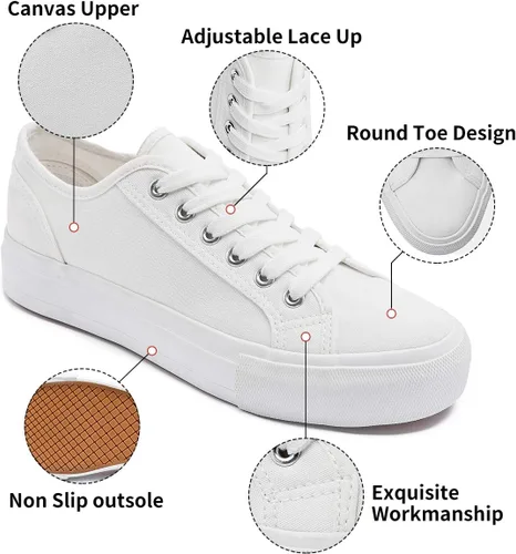 Vista 2 de Tenis de plataforma blanca para mujer, zapatos de tenis con plataforma negra, zapatos casuales con cordones, zapatos planos de lona para caminar