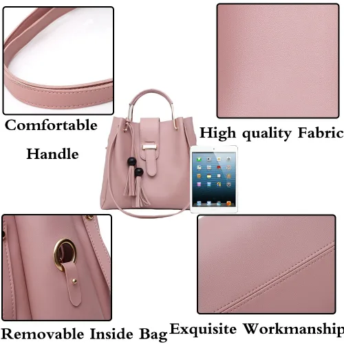 Vista 5 de Bolso y bolso de mano para mujer, 3 piezas, con borla, bolso de mano con asa superior, Beige