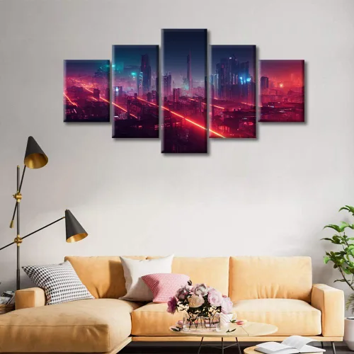 Vista 245 de Cuadros de 5 paneles de Cyberpunk City, arte de pared, representación de vallas publicitarias, edificios modernos en la capital con obras de arte