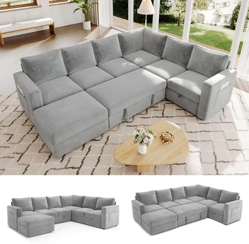 Vista 11 de Sofá modular de 85 pulgadas con cama extraíble, sofá modular de 5 asientos en forma de L con almacenamiento, sofás seccionales para sala de estar