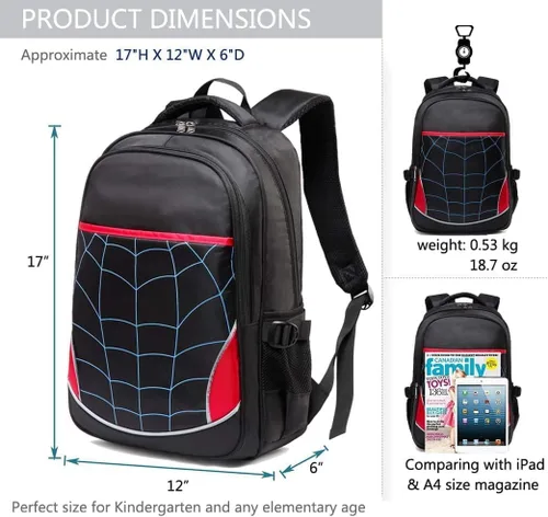 Vista 7 de BLUEFAIRY Mochila para niños, bolsas escolares para niños, Set 6 arañas negras