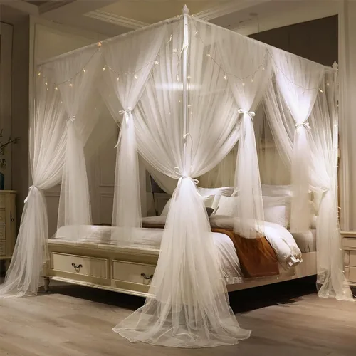 Vista 8 de VETHIN - Dosel de cama de 4 esquinas con diseño de princesa, cortina de cama de doble capa con diseño de red acogedora, mosquitero de 4 aberturas