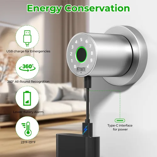 Vista 6 de FITNATE Pomo de puerta de huellas dactilares con teclado, perilla de puerta inteligente con control de aplicación, cerradura de puerta biométrica