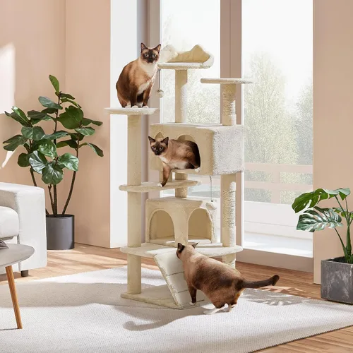 Vista 2 de Yaheetech Torre de árbol para gatos de 54 pulgadas, 2 cuevas, perca de Beige