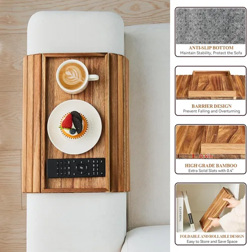 Vista 7 de GEHE Bandeja de madera de acacia para sofá, mesa auxiliar plegable para el brazo del sofá, mesa auxiliar con reposabrazos anticaídas, soporte