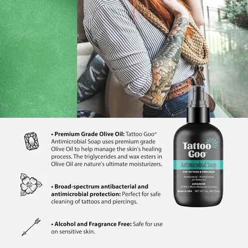 Vista 3 de Tattoo Goo Jabón limpiador, 3 onzas, para el cuidado posterior de piercings y tatuajes, hidrata y limpia la suciedad, jabón equilibrado de pH,