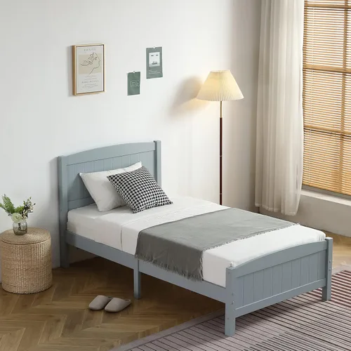 Vista 10 de Karl home Base de cama de madera tamaño matrimonial con cabecero, plataforma para dormitorio con estribo, soporte de 12 listones de madera, no Gris
