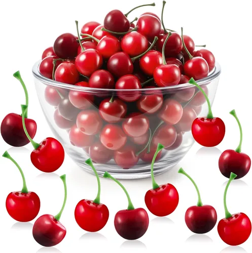 Vista 10 de Skylety 30 piezas de cerezas falsas artificiales de cerezas, decoraciones de fiesta de cereza de simulación para decoración de pasteles, hogar Rojo