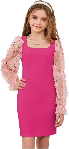 Vista 6 de WDIRARA Vestido de malla transparente con volantes para niña, de manga larga, con apliques y cuello cuadrado Flor de malla negra