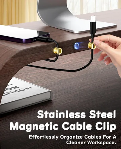 Vista 4 de Soporte magnético para cables, clips de gestión de cables de metal de alta calidad, anclaje de cable magnético para escritorio, mesita de noche