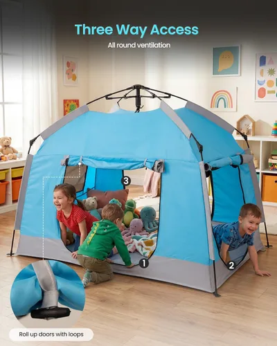 Vista 5 de Casa de juegos para niños fácil de instalar con bonita tira de luces LED y 3 aberturas grandes, carpa de juego portátil para niños y habitación