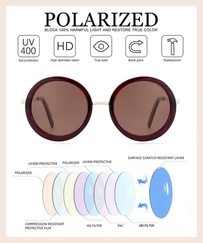 Vista 29 de JOOX Gafas de sol redondas polarizadas retro para mujer, gafas de sol vintage de gran tamaño con lente de protección UV 100%