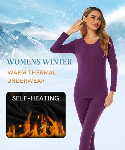 Vista 2 de LOMON Ropa interior térmica para mujer, conjunto de pantalones largos de punto suave ultra suave, capa base superior e inferior
