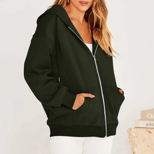 Vista 8 de DOLKFU Sudadera de manga larga con cremallera para mujer, cómoda, de color liso, holgada, casual, ropa de otoño