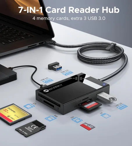 Vista 2 de Lector de Tarjetas SD USB 3.0, WARRKY [2.5 Pies Trenzado de Nailon, Puertos USB 3.0 Adicionales, 5Gbps] Lector de Tarjetas de Memoria 7 en 1