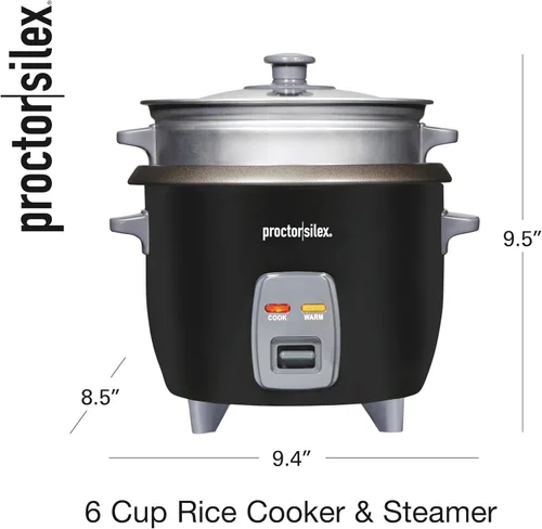 Vista 8 de Proctor Silex - Arrocera y vaporizador de alimentos, 6 tazas cocinadas (3 tazas sin cocinar), incluye cesta de vapor y enjuague, negro (37510)