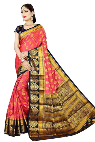 Vista 2 de Indian Hawker Banarasi Art Silk Sari Sari Trabajo Jacquard Fashion Sari Sari con blusa sin costuras