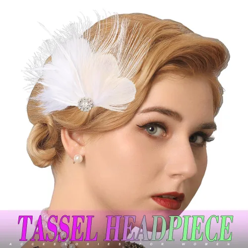Vista 3 de Pinza para el pelo de plumas blancas de los años 20, accesorios para el cabello, tocado para mujer