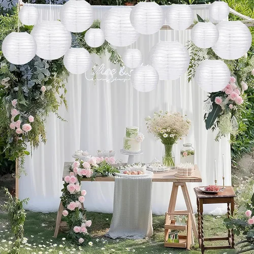 Vista 4 de Faroles de papel blanco redondos chinos para fiestas, decoración del hogar y bodas, varios tamaños de 6 pulgadas, 8 pulgadas, 10 pulgadas, 12