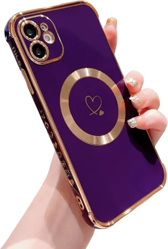 Vista 7 de Funda compatible con Magsafe para iPhone 11, diseño electrochapado con patrón de corazón de amor, TPU suave, a prueba de golpes, protección completa